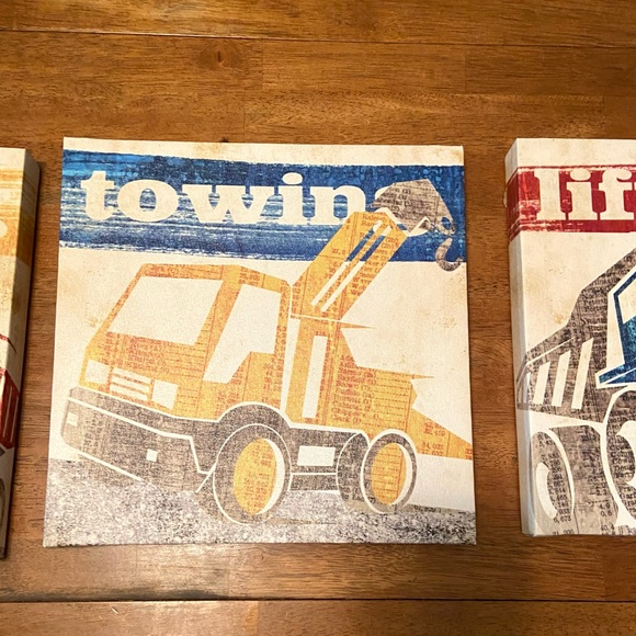 Construction Trucks Tow Lifting Haul Trucks Canvas Wall Hangings Set Of 3 - Picture 2 of 8